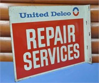 Vintage Delco "Dealer" dble-sided flange sign