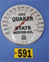 Vtg Quaker State glass front therm, USA, 12" dia