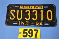 Original 1962 Indiana license plate