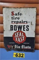 Embossed tin Bowes sign, crusty, 19 1/2"x14"