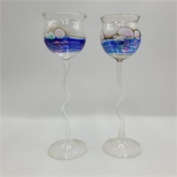 8" Oil Spill Rainbow Venetian Glass Goblet Pair