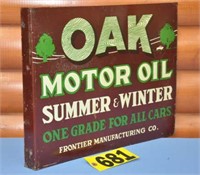 Vtg Oak Motor Oil metal dble-sided flange sign