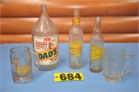 Vintage Dad's Root Beer bottles and mugs