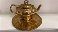 Old Foley Gold Brocade Teapot And Serving Plate