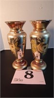 PAIR OF GOLD TONE FLORAL PAINTED BUD VASES 7 IN