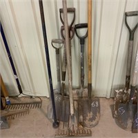 4 shovels, rake fork & pry bar