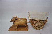 WOODEN COVERED WAGON DISPLAY MOUNTED ON BOARD