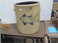 blue decorated stoneware crock with fish