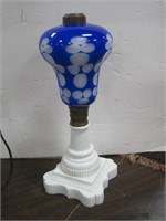 oil lamp milkglass/  blue case glass cut to white