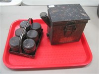 Tinware-6 cannister spice set in carry tray++