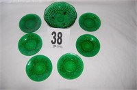 Green Glass Hobnail Bowl and 6 Plates 4.5"
