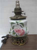 electrified oil lamp base. 10" to top of glass