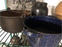 Cast Iron Pot, Stoneware Crock, and Enamelware