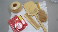 Lucite comb/mirror/brush & pink celluloid set +++