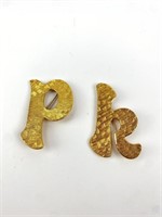 Gold Tone "H" & "P" Brooches