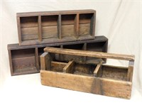 Primitive Wooden Tool Carrier and Divided Boxes.