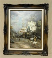 Harbor Port Scene Oil on Canvas, Signed.