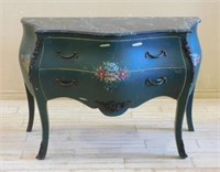 Ormolu Trimmed Marble Top Painted Bombe Commode.