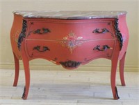 Ormolu Trimmed Marble Top Painted Bombe Commode.