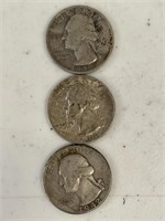 3 Silver Quarters 1953 S, 1942 D, 1964 D
