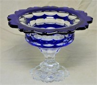 Cobalt Cut to Clear Crystal Footed Bowl.