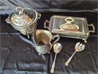 Silver Plate Lot incl 2 Chaffing Dishes, 1 Pitcher