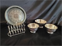 3 Silver Plate Bowls & a Platter + a Plate Holder