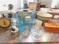 stoneware, jars, lamp, scales, shaving mug