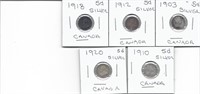 5 CANADIAN 5 CENT SILVER PIECES