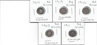 5 CANADIAN 5 CENT SILVER PIECES