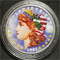1921 Morgan Silver Dollar Colorized, In Capsule
