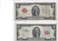 2 RED SEAL 2 DOLLAR BILLS: 1928-G, 1953