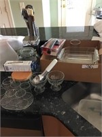 ASSORTED PYREX, JARS, AND GLASSWARE