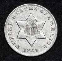 1851-O Silver Three Cent Piece
