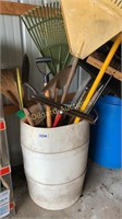 Misc garden/lawn tools in barrel