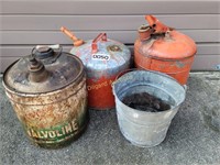 Gas cans, valve line oil can & galvanized bucket
