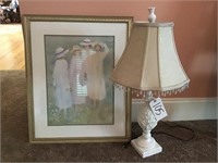 WHITE PINEAPPLE LAMP W/SHADE AND LADY PRINT