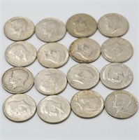 16 silver Kennedy half dollars 1965-1969 all 40% s