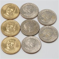 8 dollar coins, 5 Susan B. Anthony's and 3 preside