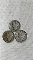 3 Mercury Silver Dimes  1918S, 1927D, 1941S