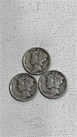 3 War Year Silver Dimes, 1944P, 1942P, 1942P