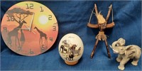 11 - ARICAN SAFARI CLOCK, ELEPHANT, EGG & FIGURINE
