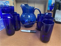 Blue Glass Pitcher & Eight drink Glasses