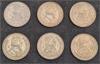 Collection of six vintage Mexico silver one peso