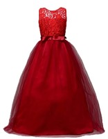 Shein Girls Contrast Lace Bow Gown Dress (red,