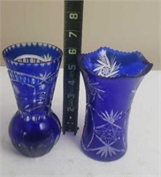 Cobalt Blue Etched Glass Vases
