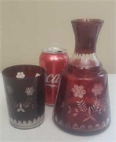 Bohemian Ruby Red Etched Glass Decanter & Cup