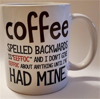 NEW- Coffee Mug "Coffee Spelled Backwards is