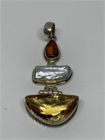 STERLING SILVER AMBER / PEARL/ CITRINE PENDANT