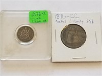 1876-cc Seated Liberty Dime And Quarter Lot